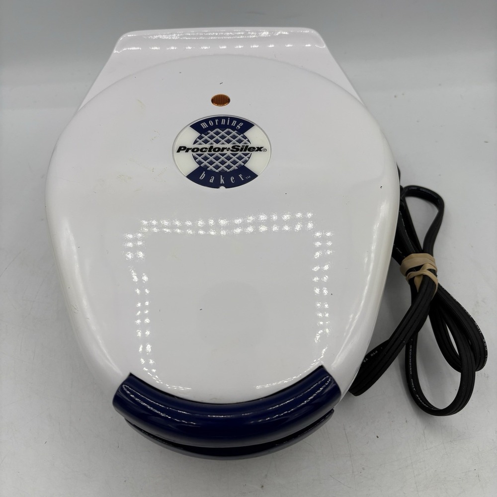 Proctor Silex Morning Baker Belgian Waffle Maker Non Stick Blue White 26500